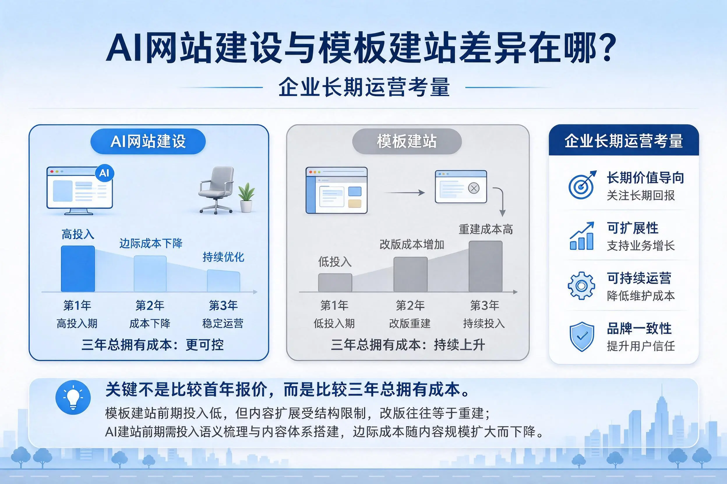 AI网站建设与模板建站差异在哪?梅州企业长期运营考量